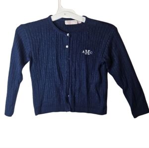 Emily Lacey AMC knitted Cardigan Sweater Navy Blue Ribbed Cable Knitting 10Y